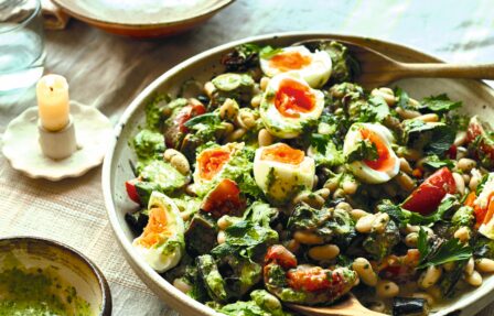Hormones_ white bean salad with green tahini dressing.