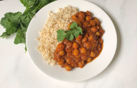 photo of Chintal's chickpea curry with rice on a plate