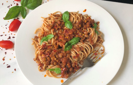 photo of Chintal's lentil bolognese on a plate