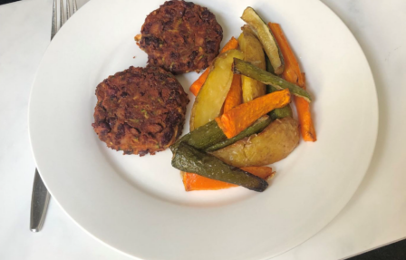photo of Chintal's bean burgers and chips on a plate